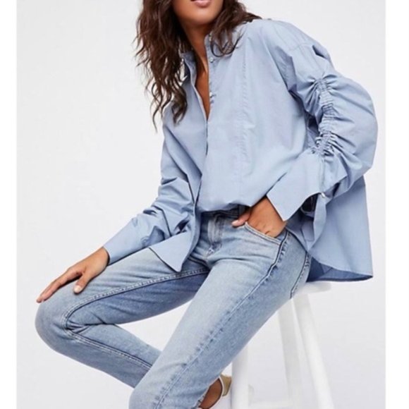 Free People Tops - Free People Brown Eyed Girl Poplin Blouse Blue M
